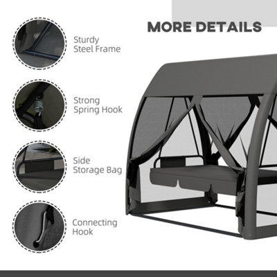 Outsunny Garden Swing Chair Patio Hammock 3 Seater Bench Canopy Lounger Grey - 7