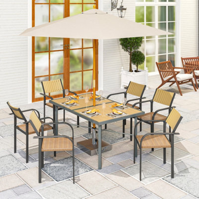 Outsunny Garden Table for 6, Outdoor Dining Table with 5cm Umbrella Hole