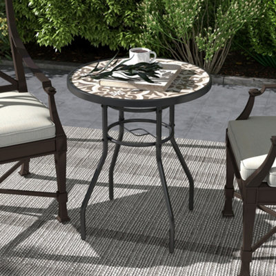 Outsunny Garden Table with Glass Printed Design for Outdoor, Tan Brown