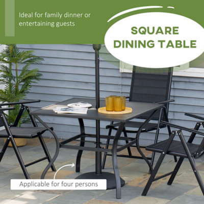 Tangkula 42.5 Acacia Wood Outdoor Dining Table for 4, Patio Table with 1.9 Umbrella Hole, Metal Legs & Adjustable Foot Pads, 4-Person Outside Table for Garden, Poolside & Backyard