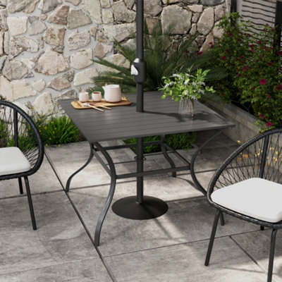 Outsunny Garden Table with Parasol Hole for Four, Slatted Metal