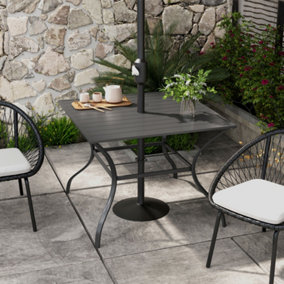 Outsunny Garden Table with Parasol Hole for Four, Slatted Metal Plate Top Grey