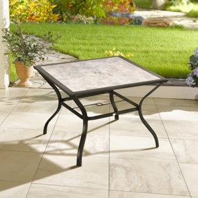 Outsunny Garden Table with Parasol Hole, Outdoor Dining Garden Table for 4, Square Patio Table with PC Board Tabletop