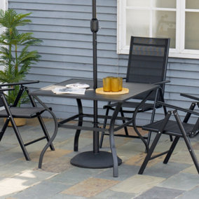 Outsunny Garden Table with Parasol Hole, Outdoor Dining Garden Table for Four, Square Table with Slatted Metal Plate Top, Black