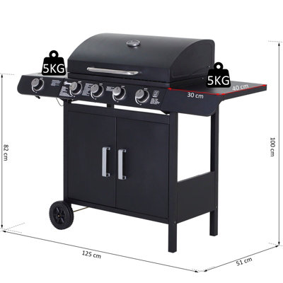 Outsunny Gas BBQ Grill 4 + 1 Stainless Steel Burner Garden Yard Barbecue Cooker - 3