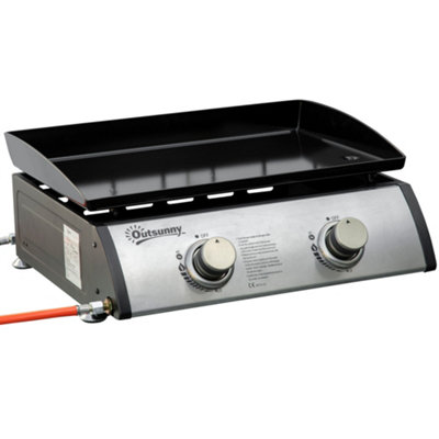 Outsunny Gas Plancha Grill with 2 Stainless Steel Burner, 6kW, Portable Tabletop Gas BBQ with Non-Stick Griddle