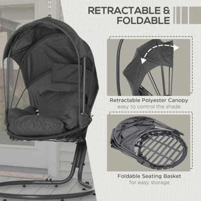 Outsunny Hanging Egg Chair Swing Hammock Chair  Stand Retractable Canopy Grey - 4