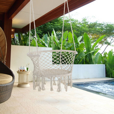Outsunny Hanging Hammock Chair Macrame Seat for Patio Garden Cream White