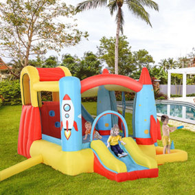 Outsunny Kids Bouncy Castle House Inflatable Trampoline Slide Water Pool 3 in 1 with Blower for Kids Age 3-8 Rocket Design