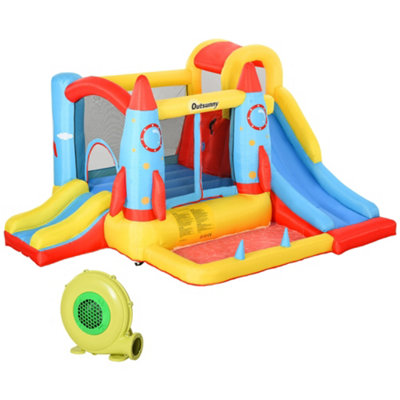 Outsunny Kids Bouncy Castle House Inflatable Trampoline Slide Water Pool 3 in 1 with Blower for Kids Age 3-8 Rocket Design
