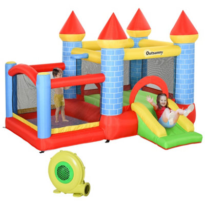 Outsunny Kids Bouncy Castle House Inflatable Trampoline Slide Water Pool Basket 4 in 1 with Blower for Kids Age 3-8 Castle Design