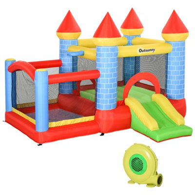 Outsunny Kids Bouncy Castle House Inflatable Trampoline Slide Water Pool Basket 4 in 1 with Blower for Kids Age 3-8 Castle Design