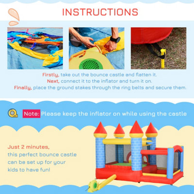 Outsunny Kids Bouncy Castle House Inflatable Trampoline Slide Water Pool Basket 4 in 1 with Blower for Kids Age 3-8 Castle Design