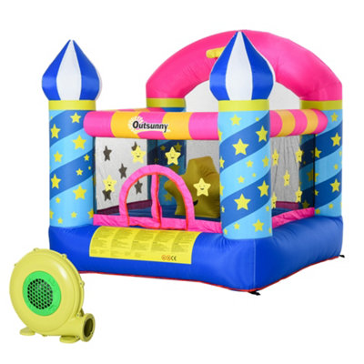 Outsunny Kids Bouncy Castle Indoor Outdoor, Inflatable Trampoline Basket with Blower for Age 3-8 Castle Stars Design