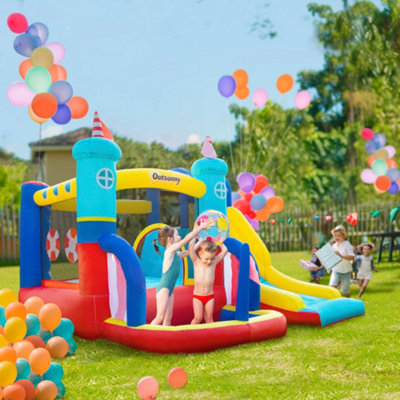 Outsunny Kids Bouncy Castle with Slide Pool Trampoline Climbing Wall w/ Blower