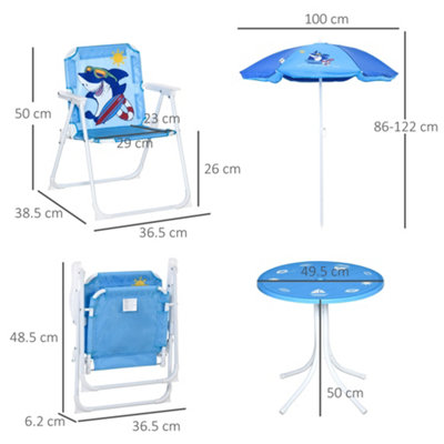 Outsunny Kids Foldable Four-Piece Garden Set w/ Table, Chairs, Umbrella - Blue