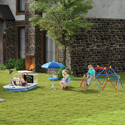 Outsunny Kids Foldable Four-Piece Garden Set w/ Table, Chairs, Umbrella - Blue