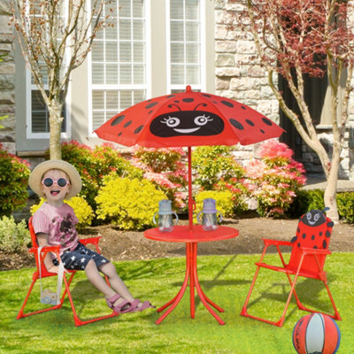 Outsunny Kids Folding Picnic Table Chair Set Ladybug Pattern Outdoor w Parasol