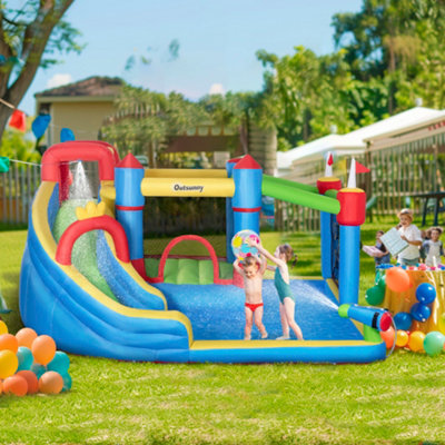 Outsunny Kids Inflatable Bouncy Castle Water Slide 6 in 1 Bounce House Jumping Castle Water Gun Climbing Wall with Air Blower