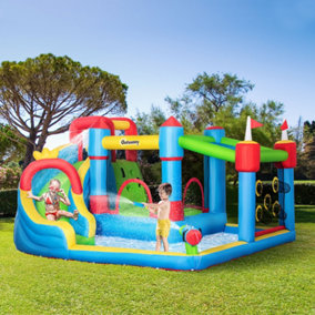 Outsunny Kids Inflatable Bouncy Castle Water Slide 6 in 1 Bounce House Jumping Castle Water Gun Climbing Wall with Air Blower