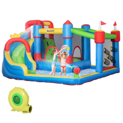 Outsunny Kids Inflatable Bouncy Castle Water Slide 6 in 1 Bounce House Jumping Castle Water Gun Climbing Wall with Air Blower