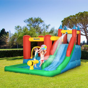 Outsunny Kids Inflatable Bouncy Castle Water Slide 6 in 1 Bounce House Jumping Castle Water Pool Gun Climbing Wall Basket