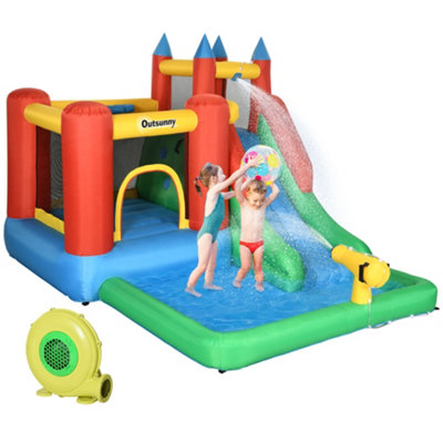 Outsunny Kids Inflatable Bouncy Castle Water Slide 6 in 1 Bounce House Jumping Castle Water Pool Gun Climbing Wall Basket