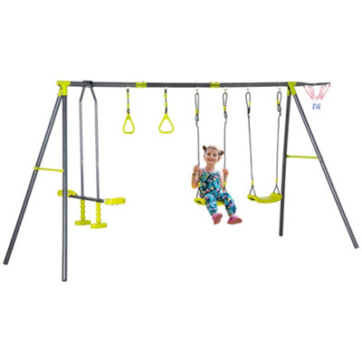 Outsunny Kids Metal Swing Set for Backyard W/Adjustable Seats, Gym Rings, Seesaw