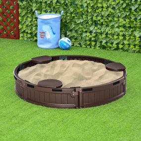 Outsunny Kids Outdoor Round Sandbox w/ Canopy for 3-12 years old Brown