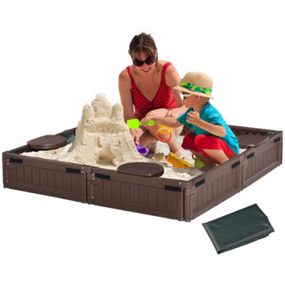 Outsunny Kids Outdoor Sandbox w/ Canopy Backyard for 3-12 years old Brown