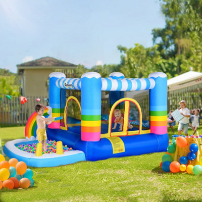 Outsunny Kids Rainbow Bouncy Castle & Pool House Inflatable Trampoline w/ Blower Pump Outdoor Play Garden Activity Exercise Fun