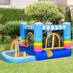 Outsunny Kids Rainbow Bouncy Castle & Pool House Inflatable Trampoline w/ Blower Pump Outdoor Play Garden Activity Exercise Fun