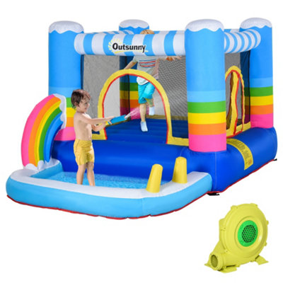 Outsunny Kids Rainbow Bouncy Castle & Pool House Inflatable Trampoline w/ Blower Pump Outdoor Play Garden Activity Exercise Fun