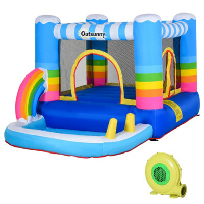 Outsunny Kids Rainbow Bouncy Castle & Pool House Inflatable Trampoline w/ Blower Pump Outdoor Play Garden Activity Exercise Fun