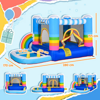 Outsunny Kids Rainbow Bouncy Castle & Pool House Inflatable Trampoline w/ Blower Pump Outdoor Play Garden Activity Exercise Fun - 3