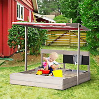 Outsunny Kids Sandbox with Canopy, Wooden Sand Pit with Kitchen Toys, Seat, Storage
