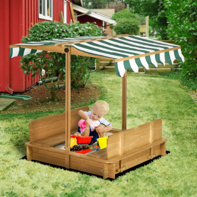 Outsunny Kids Square Wooden Sandpit Children Cabana Sandbox Outdoor Playset, Green