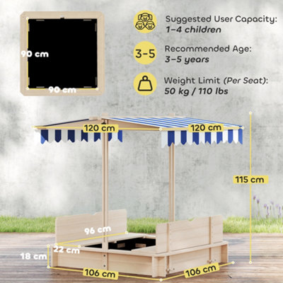 Outsunny Kids Square Wooden Sandpit Children Cabana Sandbox Outdoor Playset - 3