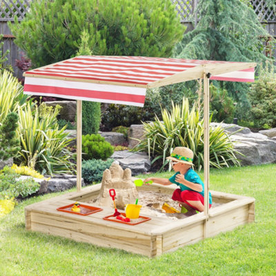 Outsunny Kids Wooden Sand Pit Children Sandbox w Adjustable Canopy Shade