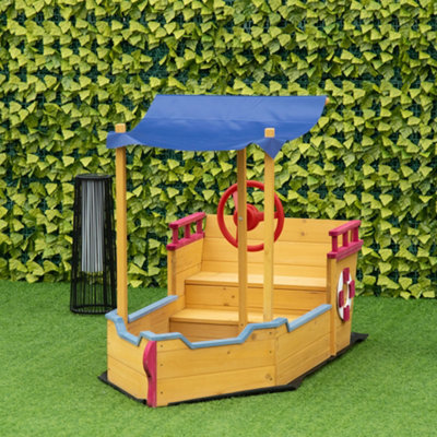 Outsunny Kids Wooden Sand Pit Sandbox Pirate Sandboat Outdoor w/ Canopy ...