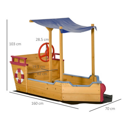 Outsunny Kids Wooden Sandbox Pirate Ship, Outdoor Play Station W Flag Canopy Shade Bottom Liner Blackboard 3 8 Years Ol