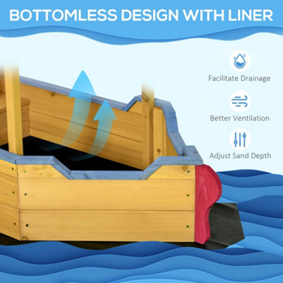Outsunny Kids Wooden Sand Pit Sandbox Pirate Sandboat Outdoor w/ Canopy Shade - 5