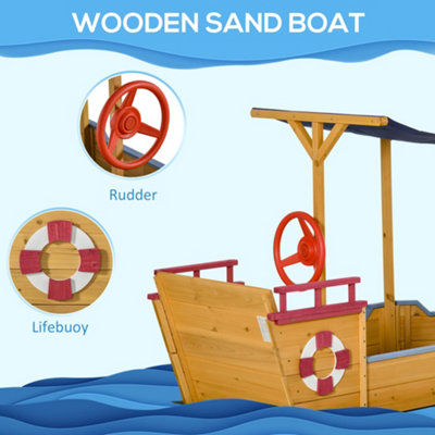 Outsunny Kids Wooden Sand Pit Sandbox Pirate Sandboat Outdoor w/ Canopy Shade - 8