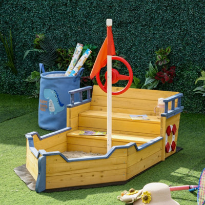 Outsunny Kids Wooden Sandbox Pirate Ship Sandboat w/ Bench Seat Storage Space