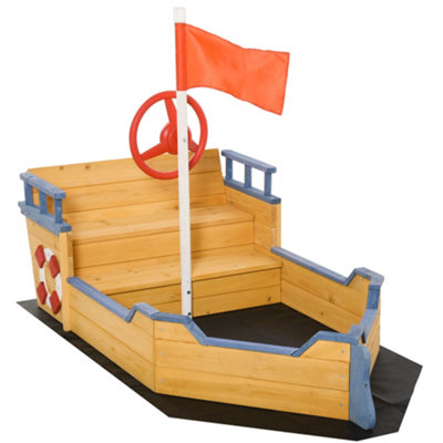Outsunny Kids Wooden Sandbox Pirate Ship Sandboat w/ Bench Seat Storage Space