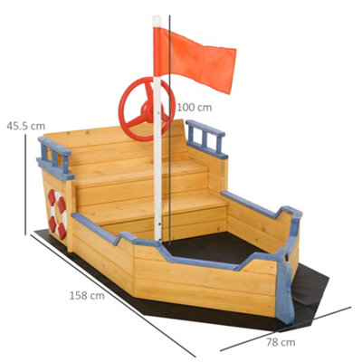 Outsunny Kids Wooden Sandbox Pirate Ship Sandboat w/ Bench Seat Storage Space - 3
