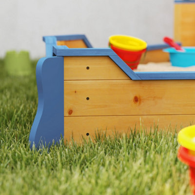 Outsunny Kids Wooden Sandbox Pirate Ship Sandboat w/ Bench Seat Storage Space - 9