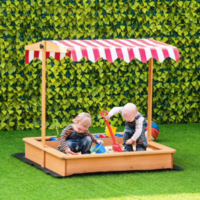 Outsunny Kids Wooden Sandbox Sand Pit Height Adjustable with Canopy Basins