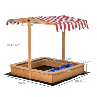 Outsunny Kids Wooden Sandbox Sand Pit Height Adjustable with Canopy Basins