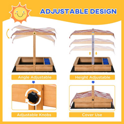 Outsunny Kids Wooden Sandbox Sand Pit Height Adjustable with Canopy Basins - 4